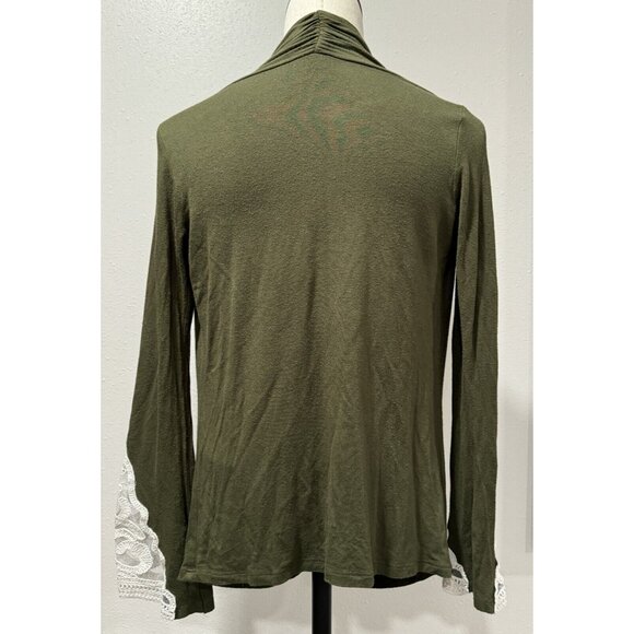 Sun Moon Womens Green Draped Cowl Neck Shirt Partial Lace Cuff Stretch Large? - Picture 2 of 12